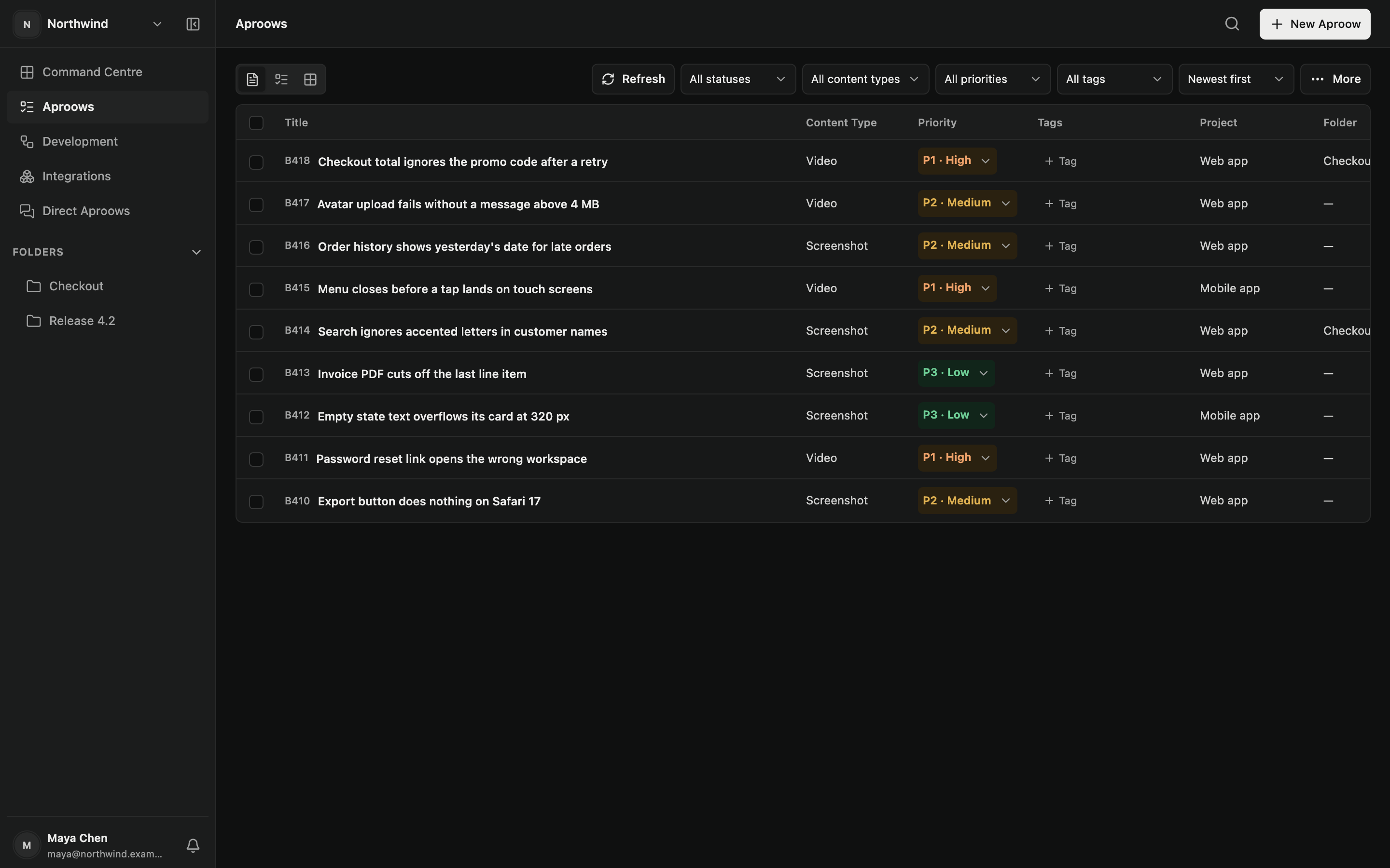 The Aproows list in the web app, one row per report with content type, priority, project and folder