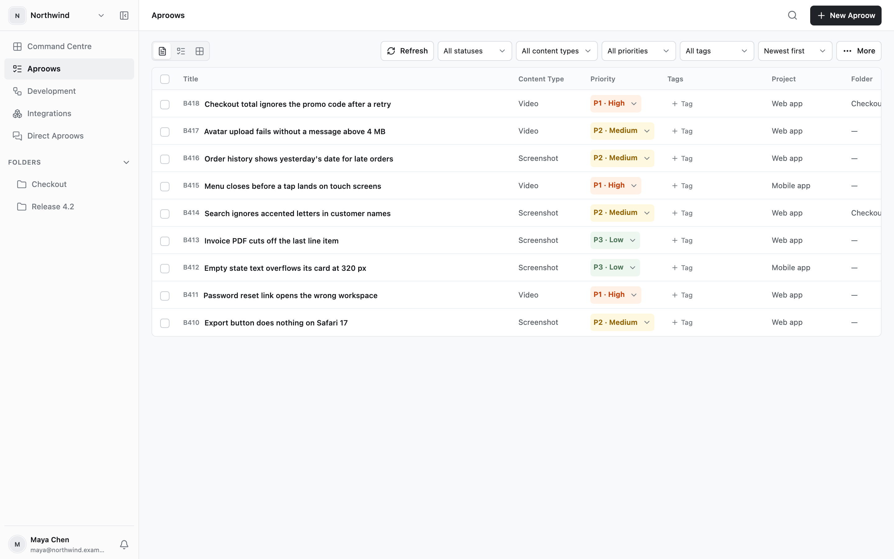 The Aproows list in the web app, one row per report with content type, priority, project and folder