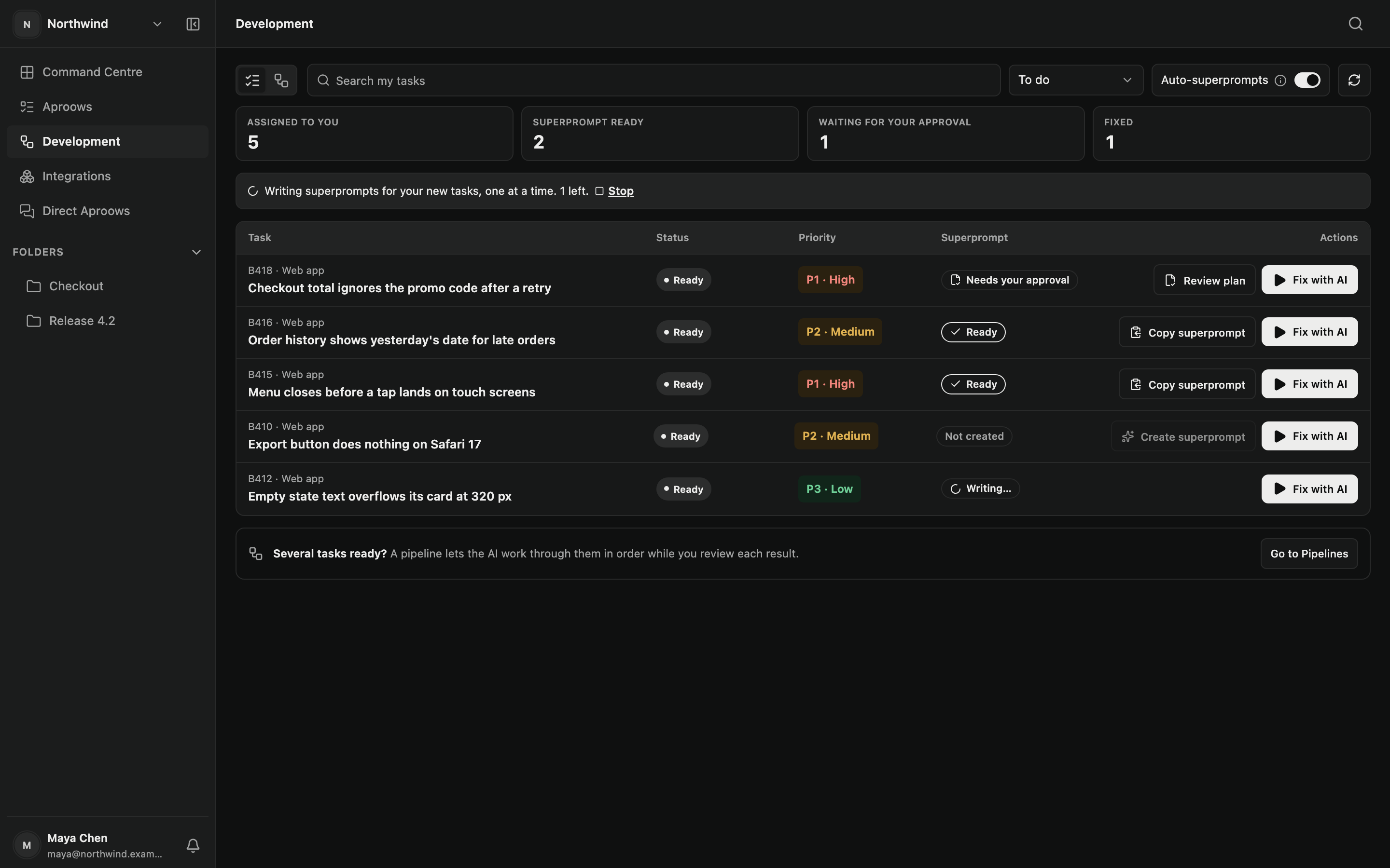 The Development page: tasks assigned to you with the state of each plan and a Fix with AI button