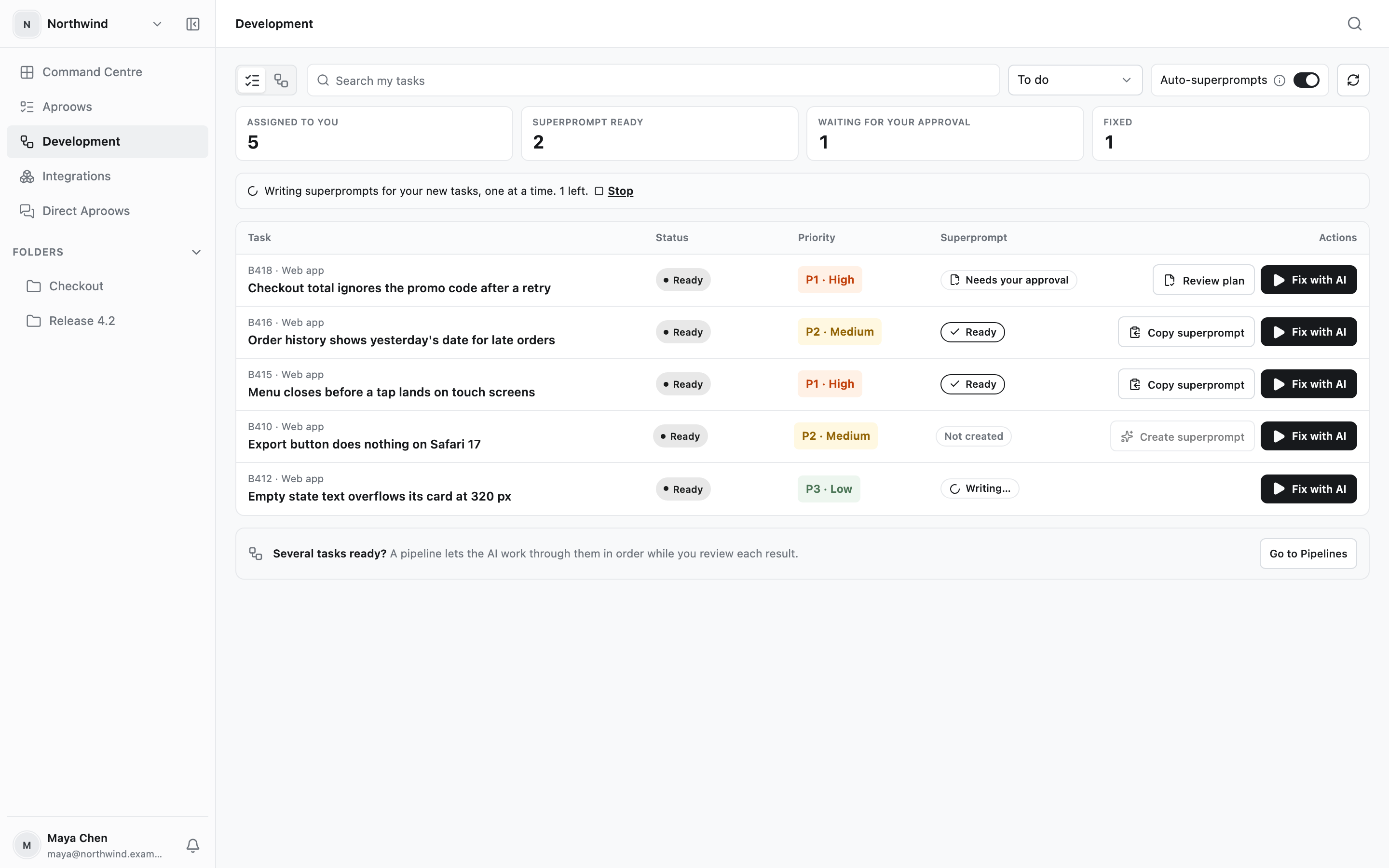 The Development page: tasks assigned to you with the state of each plan and a Fix with AI button