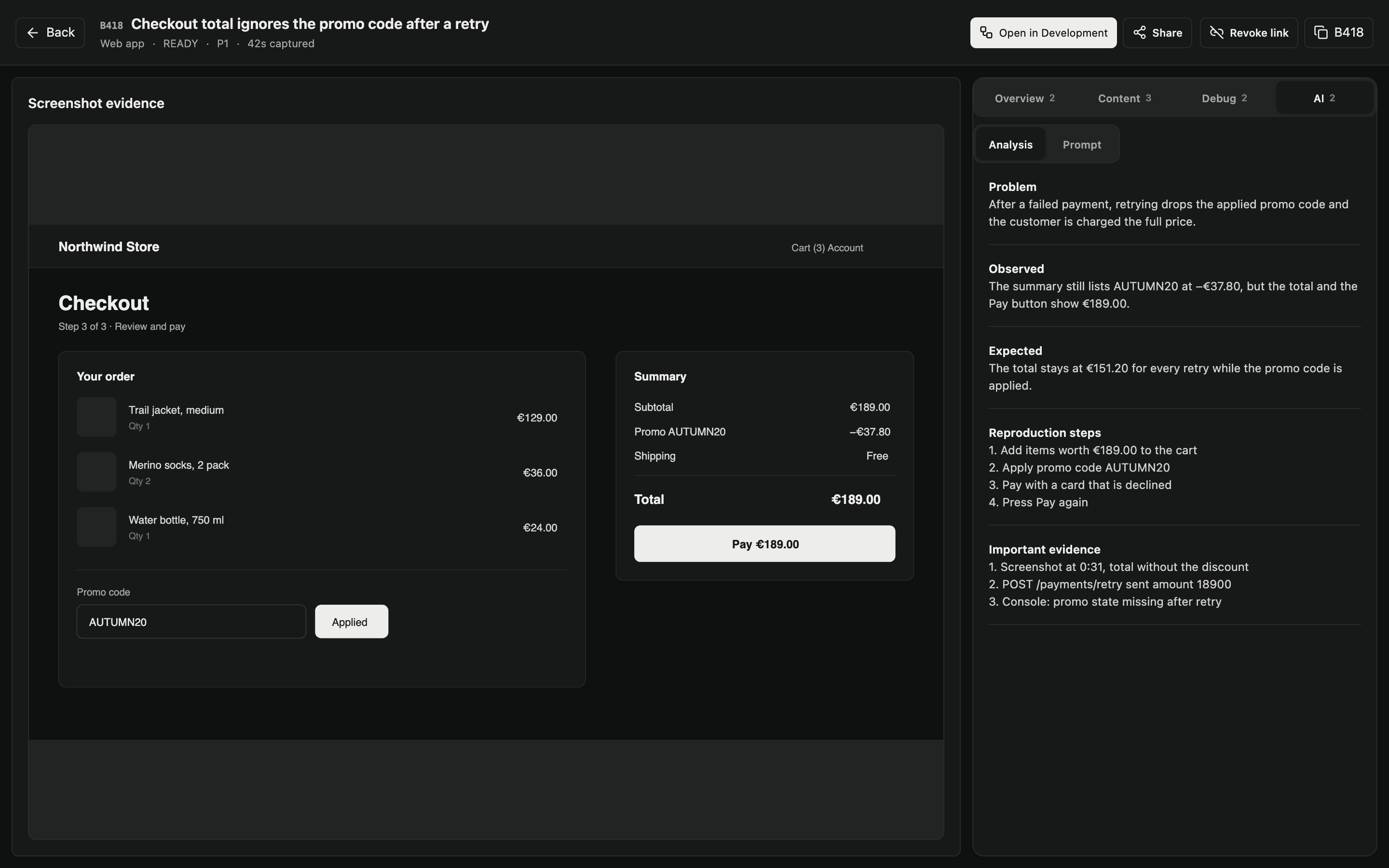 One Aproow: the captured checkout page with an incorrect total, beside the written-up problem and steps