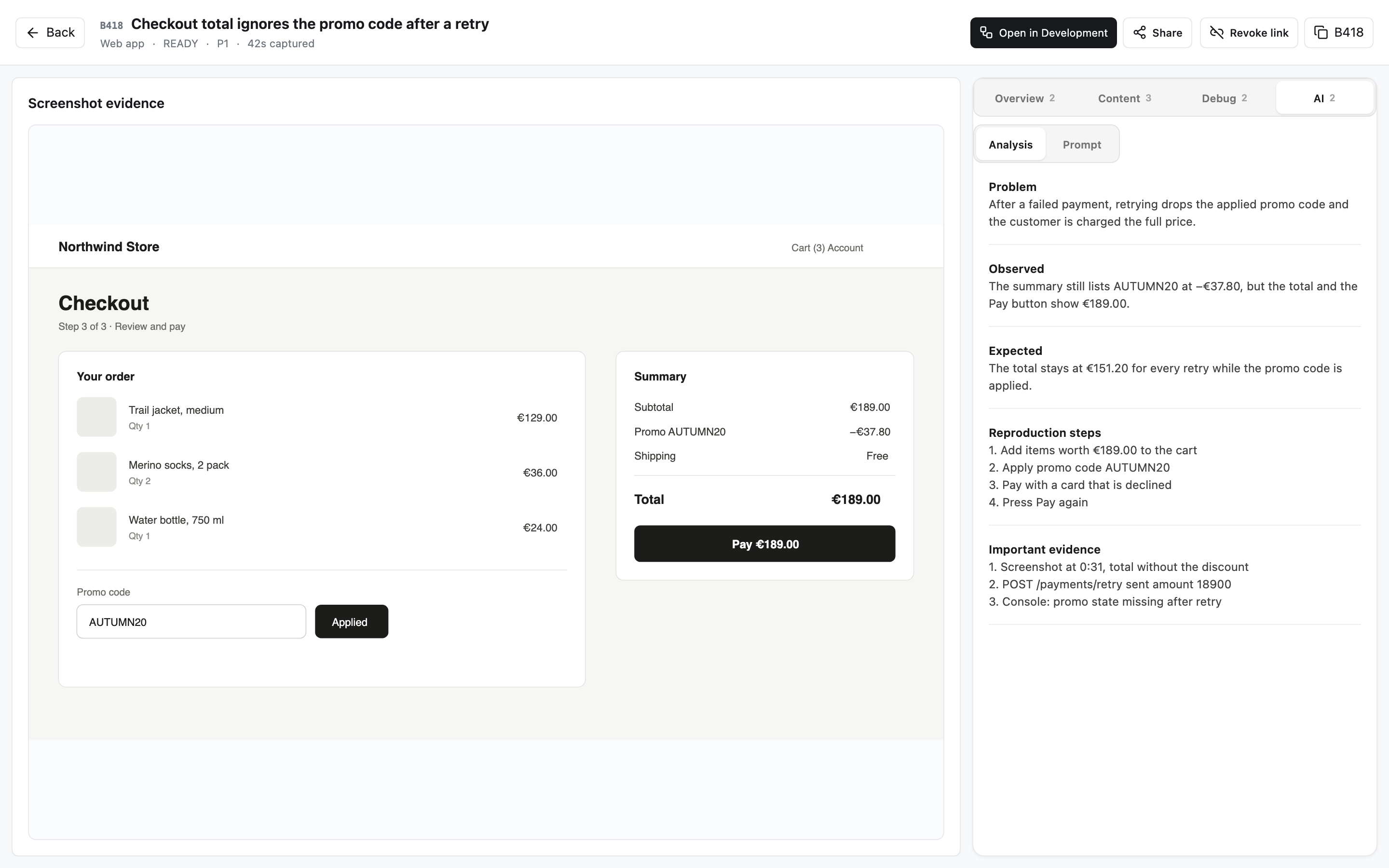 One Aproow: the captured checkout page with an incorrect total, beside the written-up problem and steps