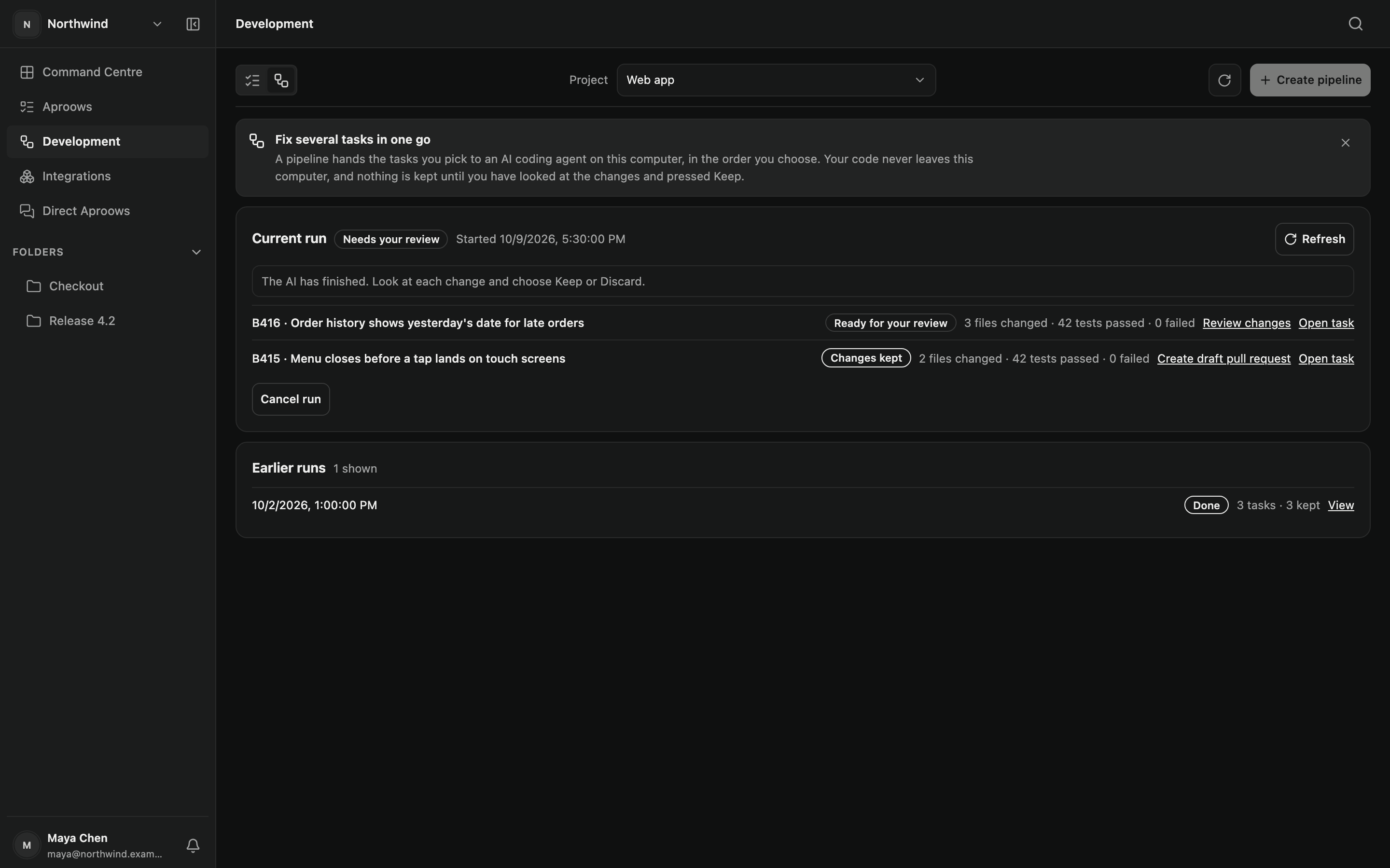 A finished pipeline run waiting for review, with files changed and tests passed for each task