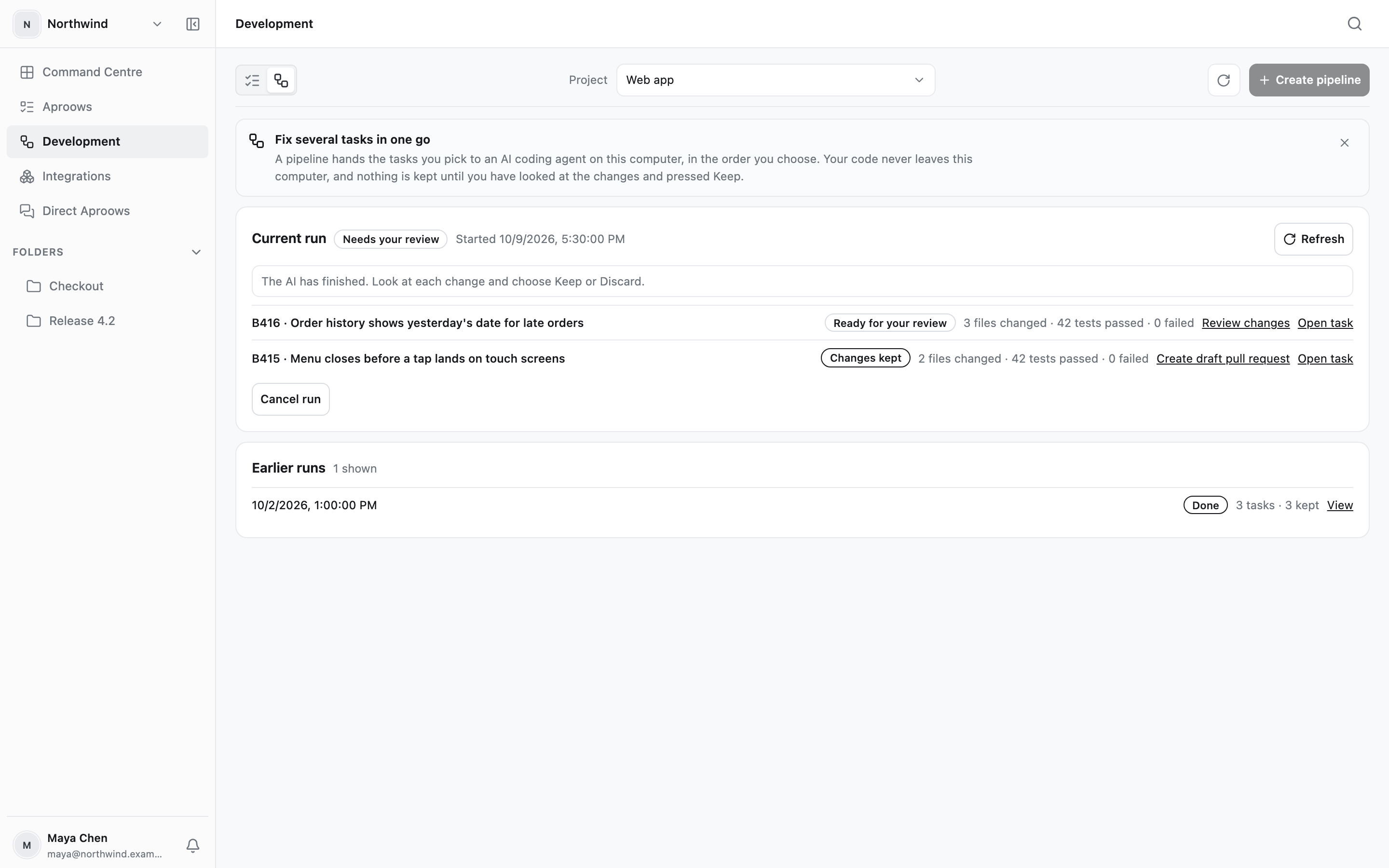 A finished pipeline run waiting for review, with files changed and tests passed for each task